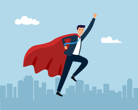 Hero businessman, flies up into the sky in flat design.