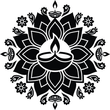 Diwali vector mandala rangoli with diya oil lamp for festival celebration