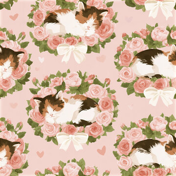 Sleeping calico kitten curled inside circular pink rose wreath with white bow on soft pastel background