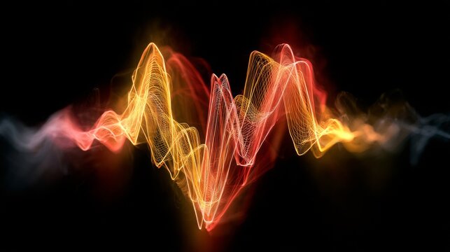 Vibrant Abstract Sound Waves in Red and Yellow Colors Against Black Background for Visual Music and Audio Concepts