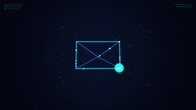 Futuristic digital envelope animation with checkmark, secure email delivery concept, HUD interface for cyber security and data transfer