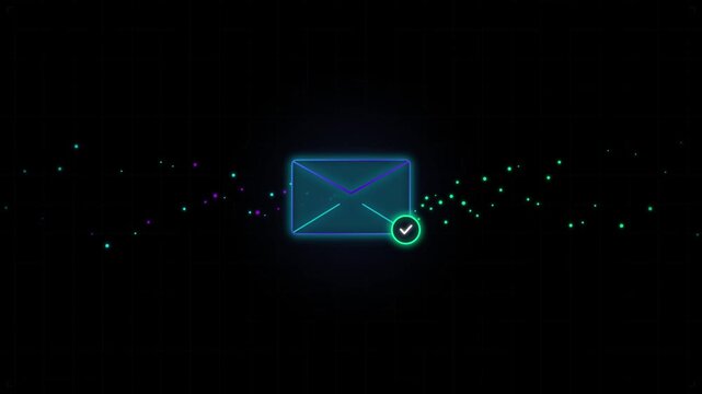 Futuristic neon email icon with checkmark, digital message sent confirmation, glowing blue envelope motion graphic on black background