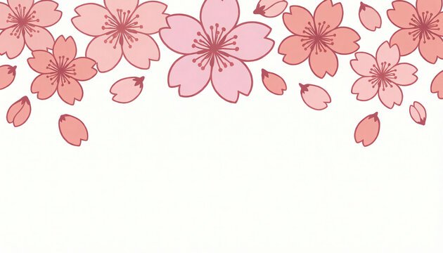 Pale Pink Cherry Blossom Top Border Illustration on White Background