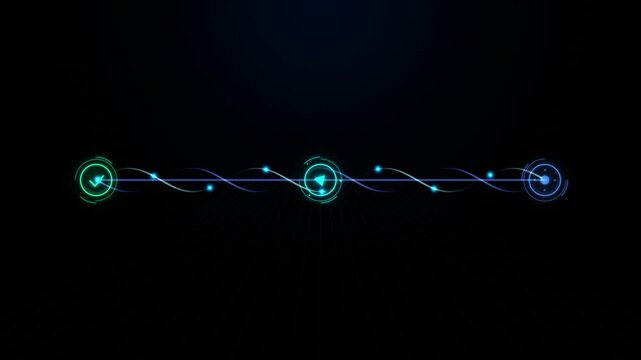 Futuristic HUD timeline interface, digital infographic progress bar with glowing data nodes, sci-fi technology UI element