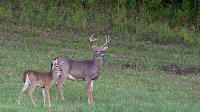 Whitetail buck grooms flank beside doe fawn in late summer hayfield