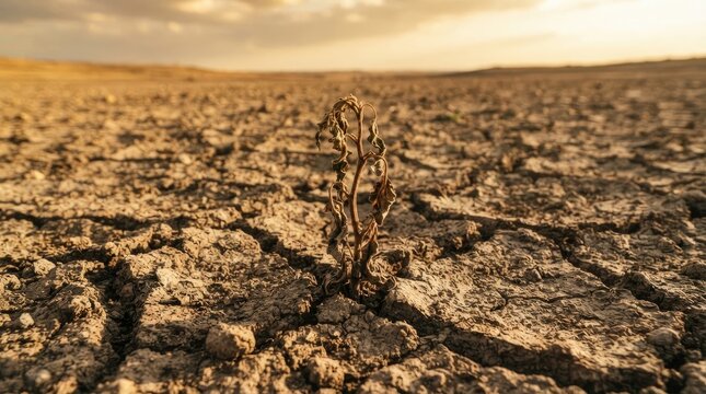 A single withered plant struggling to survive in the middle of a vast, cracked, and parched desert landscape under a warm sunset sky
