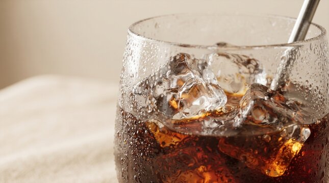 Close-up macro view of iced Americano coffee served in a clear glass filled with ice cubes and covered with refreshing condensation. Warm natural lighting, rich dark coffee tones, and soft neutral bac