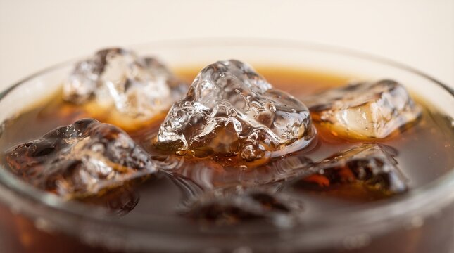 Close-up macro view of iced Americano coffee served in a clear glass filled with ice cubes and covered with refreshing condensation. Warm natural lighting, rich dark coffee tones, and soft neutral bac