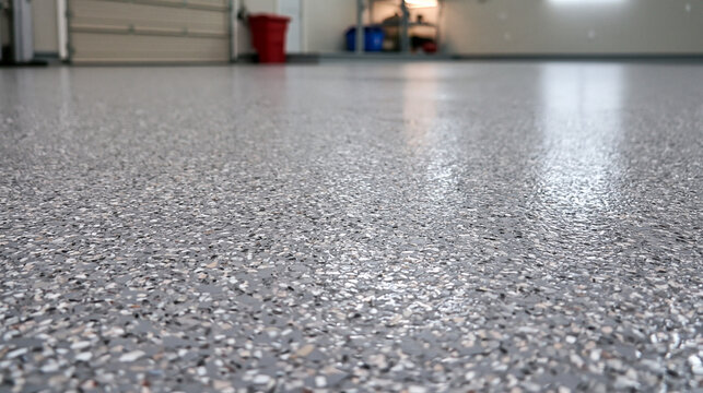 A shiny epoxy resin floor with decorative flakes installed in a clean modern garage. Perfect for home improvement and industrial design concepts.