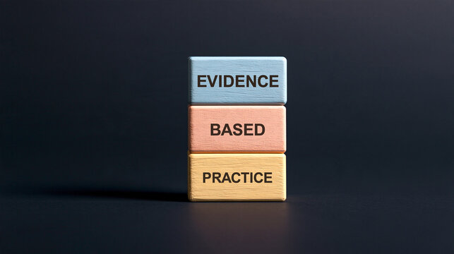 Evidence based practice text on stacked wooden blocks against a dark background. Healthcare and medical research concept for professional education.