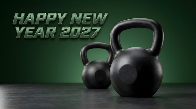 Two black kettlebells on a dark surface with happy new year 2027