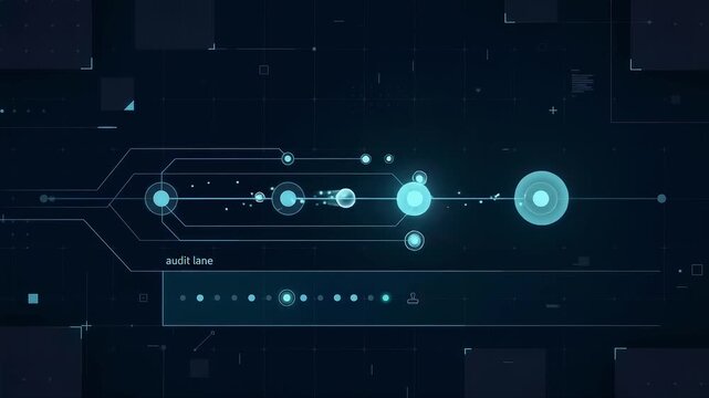 AI compliance audit trail animation showing a clear flow of actions leaving organized trace records in a clean enterprise technology scene.