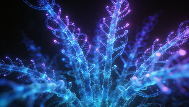 Close-up of Glowing Electric Blue Sparkling Branches Against Dark Background