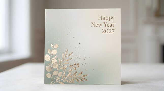 Happy new year 2027 greeting card with gold foil botanical