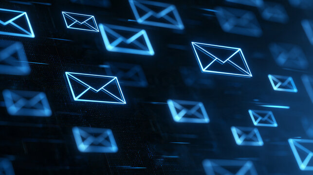Glowing blue digital email icons flying across a dark cyber background. Perfect for modern communication and data security concepts.