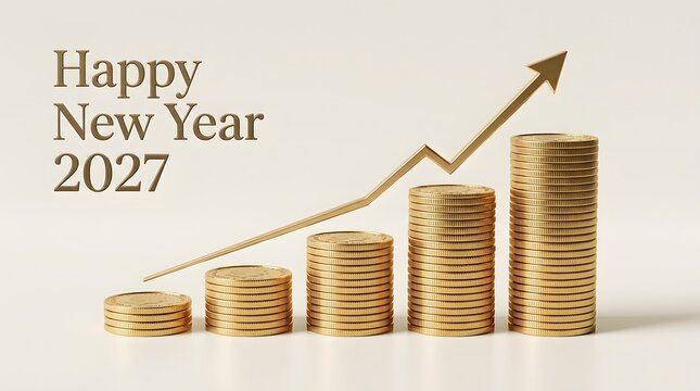 Happy new year 2027 with rising gold coin stacks and arrow graph