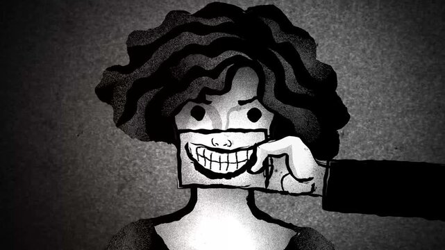 angry woman with her mouth covered by a drawn smiling mouth