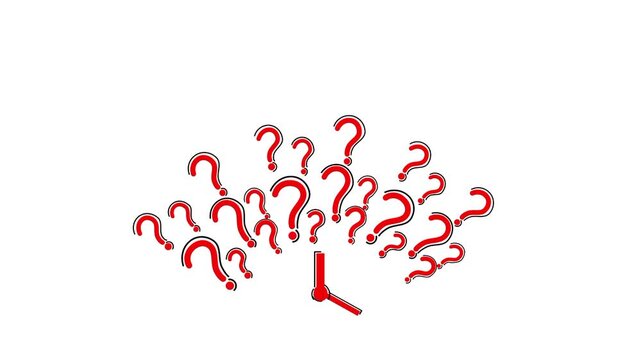 Animated clock icon surrounded by multiple question marks, symbolizing time management, uncertainty, thinking, and decision making.