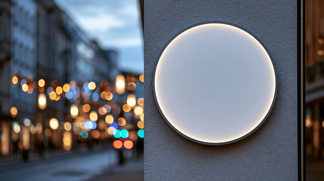 A modern round illuminated sign mockup on a gray concrete wall with a blurry city street background at dusk. Perfect for branding and logo presentations.