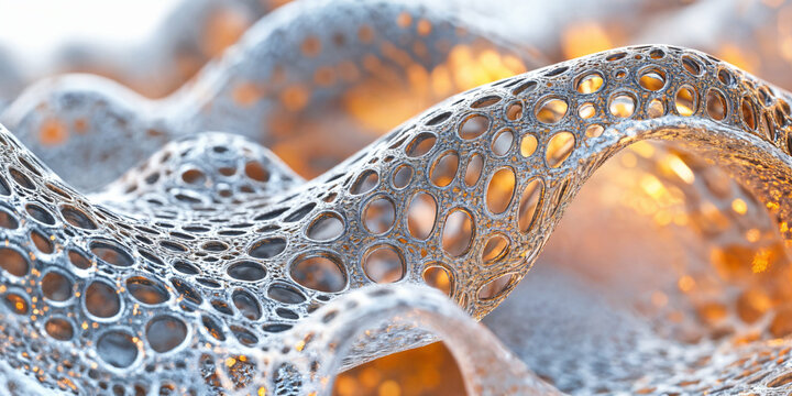 Futuristic organic lattice structure with metallic texture, abstract 3D parametric architecture, silver porous mesh with warm golden lighting