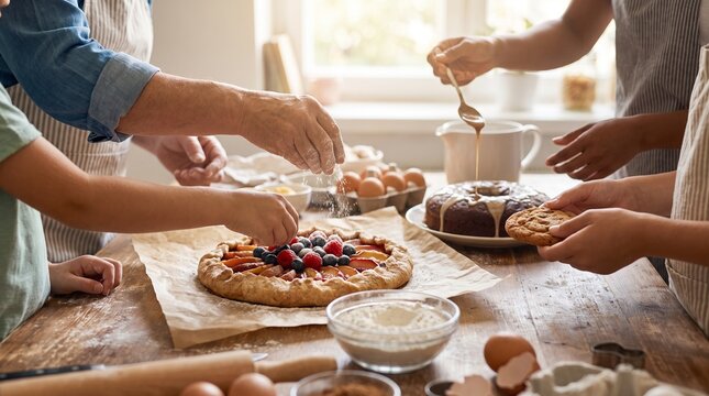 Family members hands preparing a delicious homemade berry galette together in the kitchen.