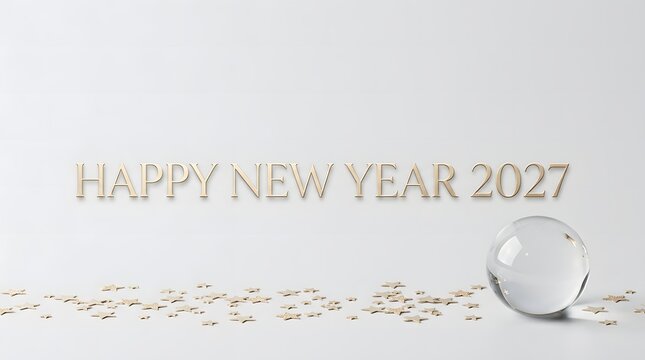 Happy new year 2027 with glass sphere and scattered star confetti