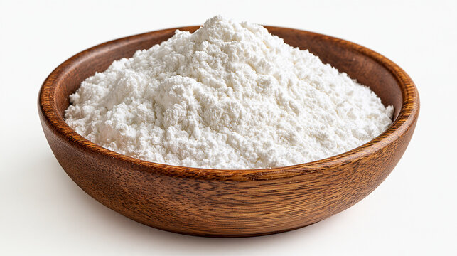 A wooden bowl filled with white cornstarch powder isolated on white background. Useful for cooking and baking ingredient concepts.