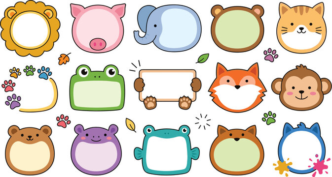 Cute cartoon animal frame sticker collection featuring blank message tags lion pig elephant cat frog monkey and bear vector frames,