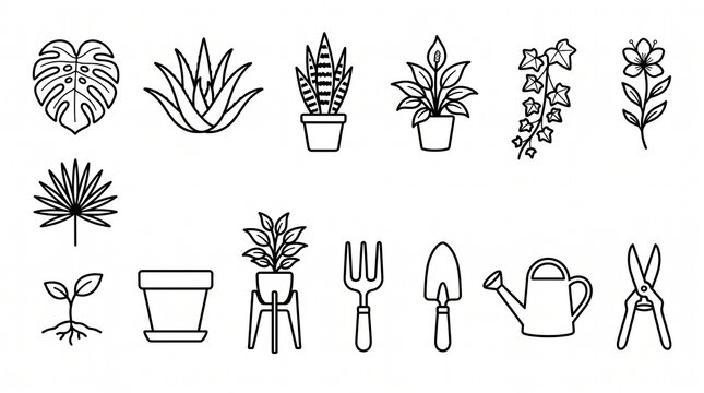 Minimalist gardening line icons set, 14 black outline garden tools and houseplant symbols, botanical foliage and planting equipment illustrations