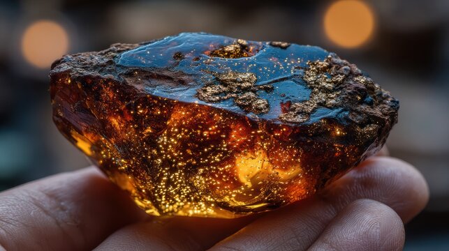 Hand holding amber gemstone.