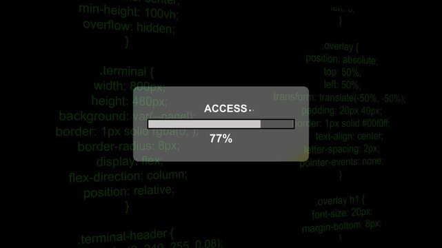 Digital access loading bar with scrolling programming code background, for cyber security, and software development concepts