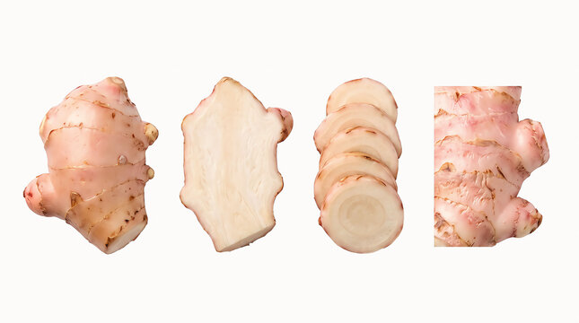 Fresh ginger root and slices in studio lighting against a neutral background isolated on white background