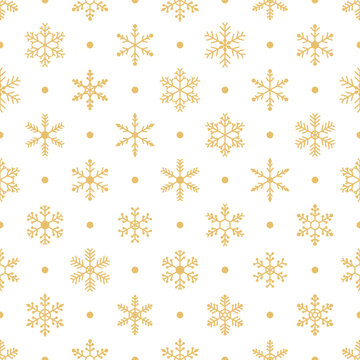 Seamless pattern with varied gold snowflakes and small dots, white background. Vector illustration
