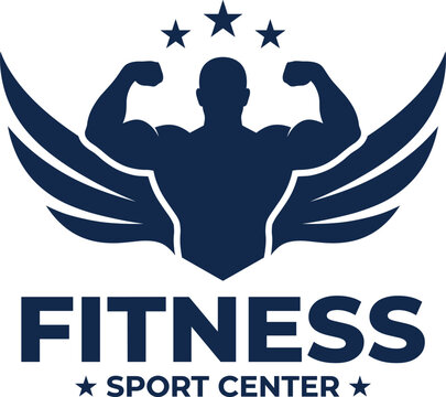 Fitness sport center logo icon with muscular bodybuilder silhouette flexing muscles and wings for gym branding