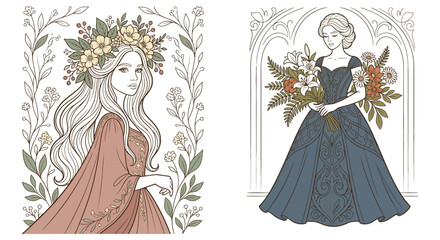 Fototapeta premium Floral ornament depicting women in vintage dresses and botanical details