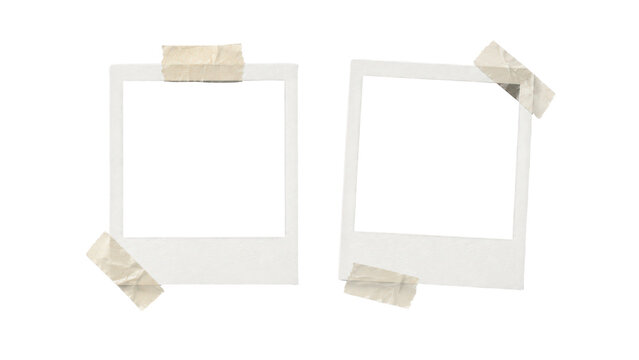 Two empty instant photo frames with masking tape isolated on transparent background