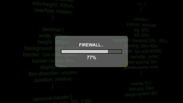 Cybersecurity firewall loading progress bar over digital programming code background