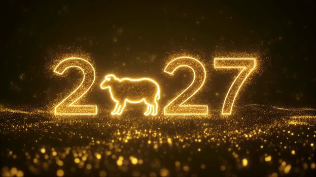 光の輪をくぐり歩く羊と輝く2027の新年ビジュアル