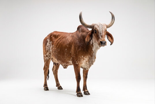 Vaca da ra&ccedil;a Gir Leiteiro em fundo branco de est&uacute;dio