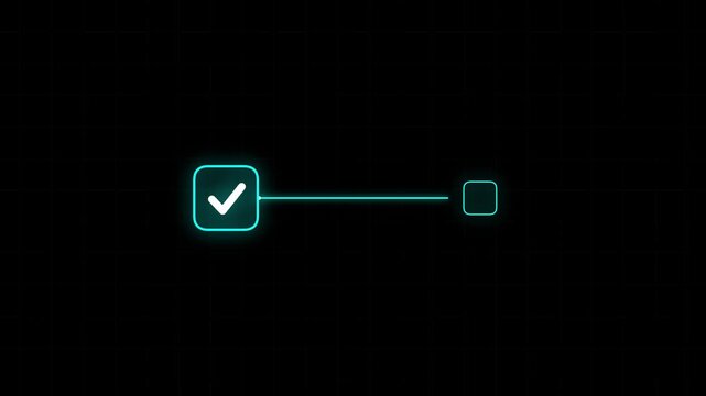 Futuristic HUD checkbox animation, glowing neon green check mark icon, digital interface element for tech videos