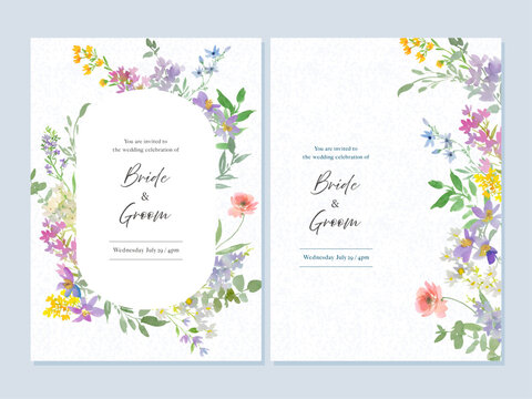 Watercolor Floral Vector Wedding Invitation Card Set with Hand-Painted Colorful Wildflowers