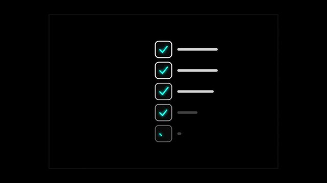 Futuristic digital checklist animation, neon HUD task list with glowing checkmarks, UI element for business productivity and project management