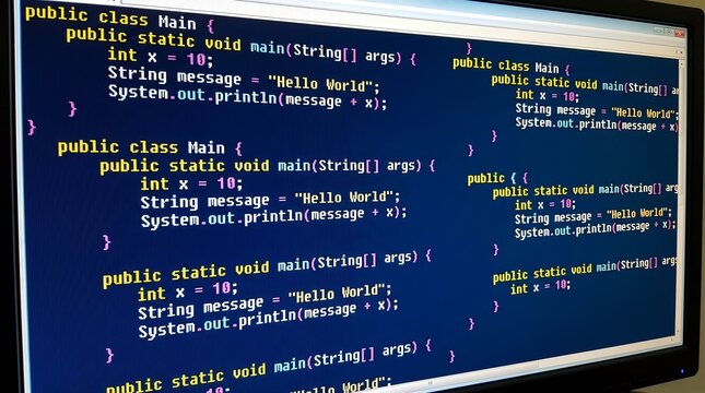 Computer monitor displaying repeating lines of source code on a dark blue screen background