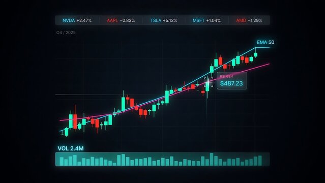 Stock price chart with ema 50 line and volume bars
