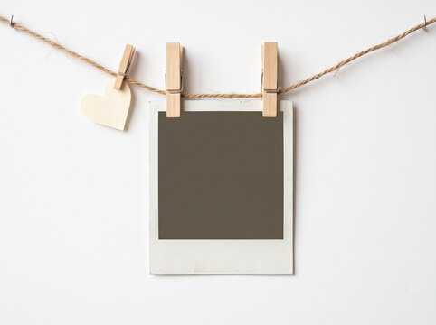 Blank Instant Photo Frame Hanging on String with Wooden Clothespins