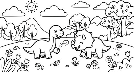 A delightful dinosaur coloring page featuring a friendly brachiosaurus and a triceratops in a prehistoric landscape perfect for kids © ABU
