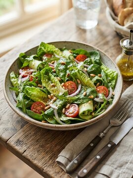 Fresh green salad dressed in vinaigrette with glimmering droplets and rich textures