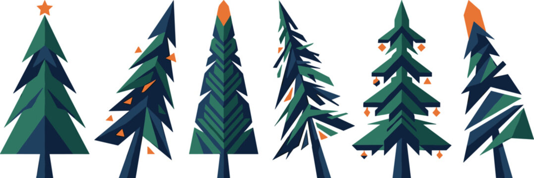 Abstract Christmas trees vector illustration featuring geometric pine designs in blue and green for holiday