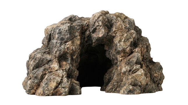 A realistic rocky cave entrance isolated on transparent background