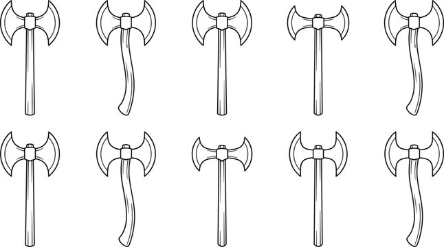 Double bladed battle axe line icon set featuring medieval labrys double headed hatchet weapon collection design.eps